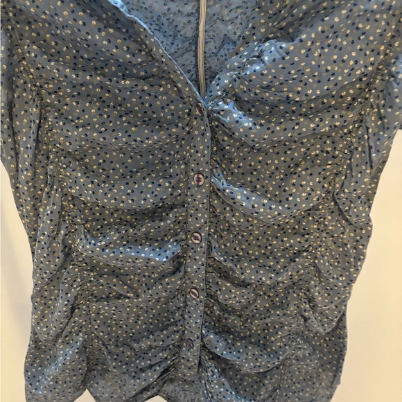 MNG by Mango Blue Floral Ruched Button Down Blouse - Picture 3 of 6